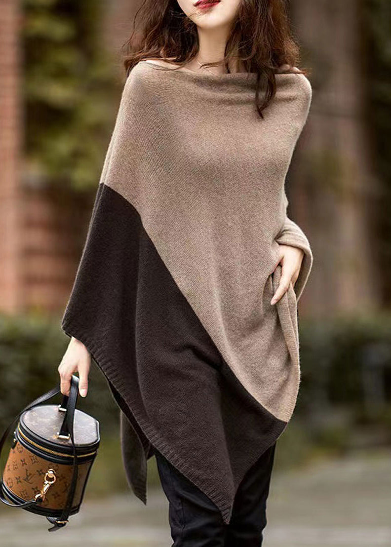 Camel Colour Patchwork Woolen Batwing Coat Long Sleeve