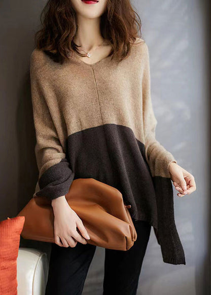 Camel Colour Patchwork Woolen Batwing Coat Long Sleeve