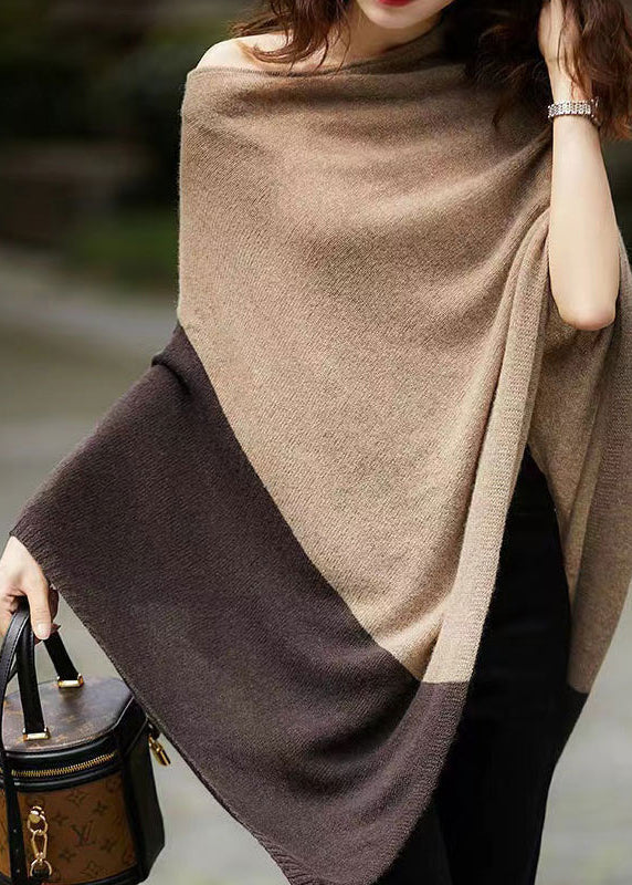 Camel Colour Patchwork Woolen Batwing Coat Long Sleeve
