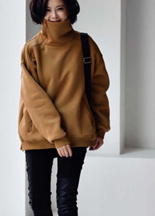 Camel Colour Turtleneck Zippered Warm Fleece Thick Sweatshirt Winter