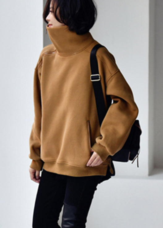 Camel Colour Turtleneck Zippered Warm Fleece Thick Sweatshirt Winter