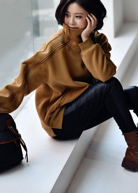 Camel Colour Turtleneck Zippered Warm Fleece Thick Sweatshirt Winter