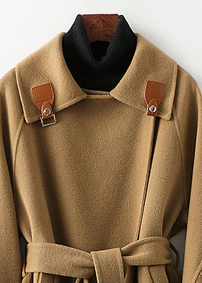 Camel Square Collar Tie Waist Woolen Long Coats Fall
