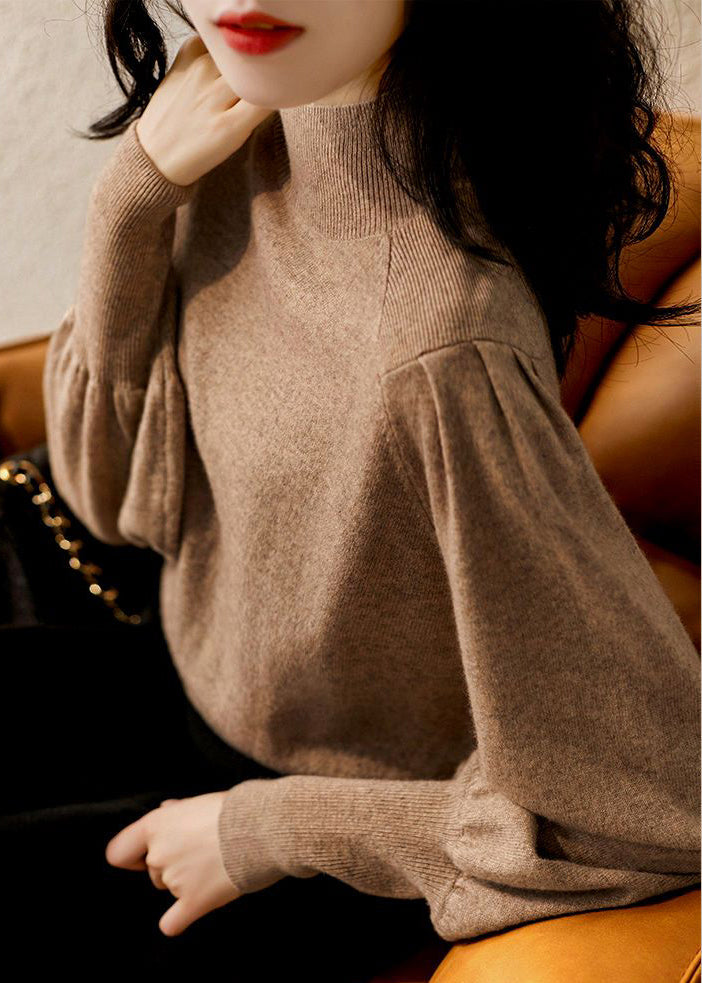 Camel Turtleneck Knit Top Long Sleeve