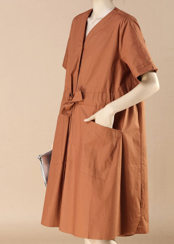 Caramel V Neck Pockets Patchwork Cotton Dress Summer