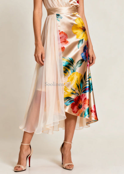 Champagne Color Asymmetrical Print Tulle Patchwork Dress Sleeveless