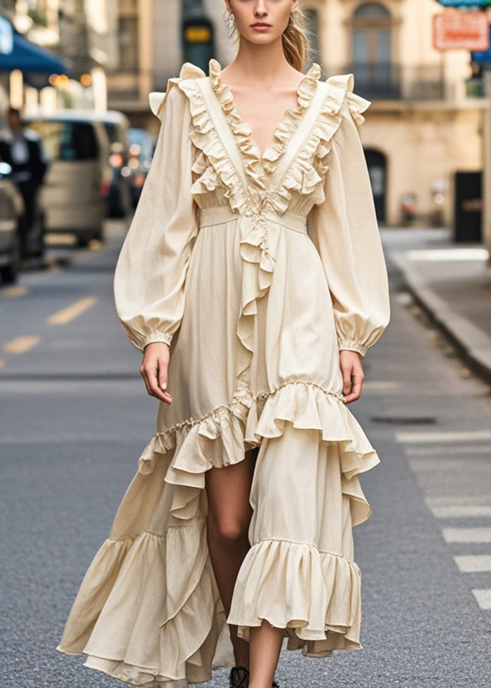 Champagne Color Ruffled Side Open Party Dress Spring
