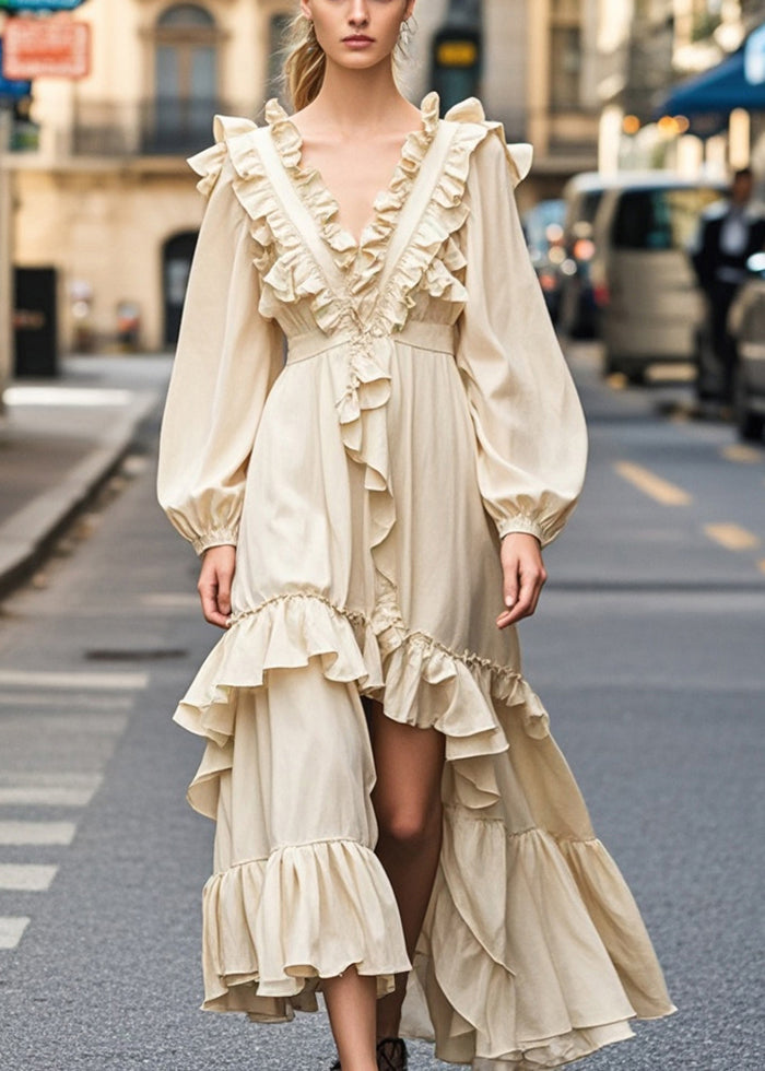 Champagne Color Ruffled Side Open Party Dress Spring