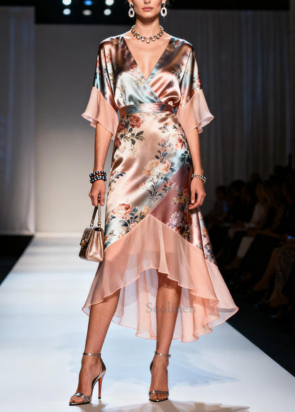 Champagne Print Patchwork Chiffon Vacation Dresses Summer