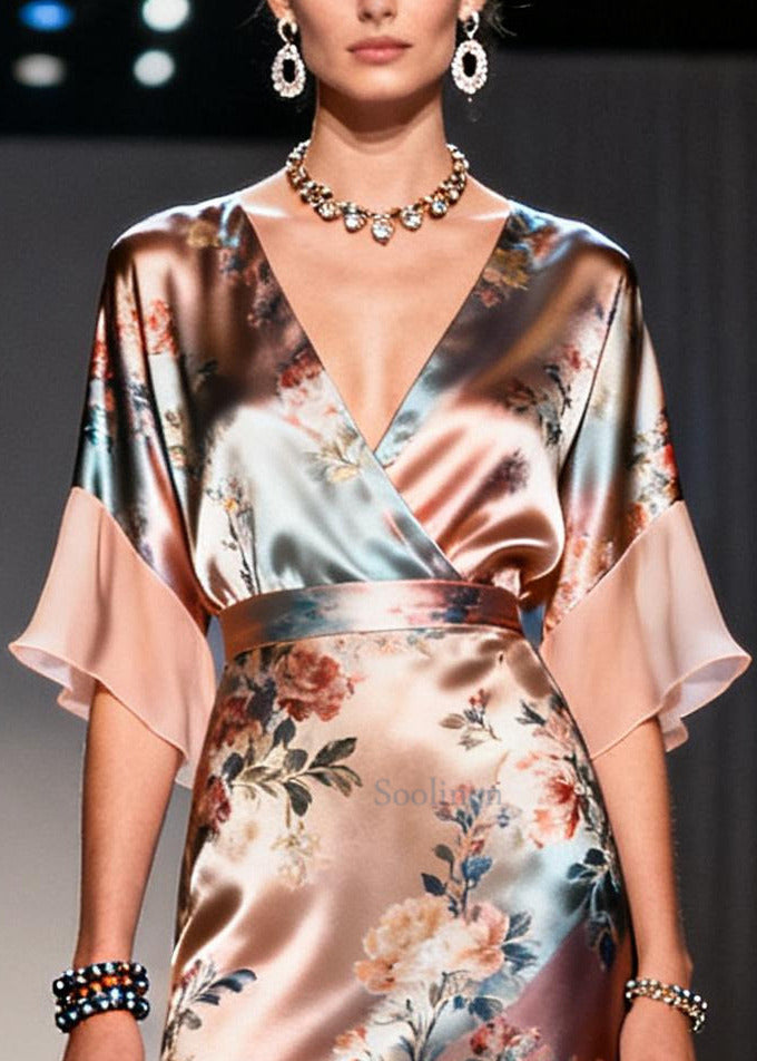 Champagne Print Patchwork Chiffon Vacation Dresses Summer