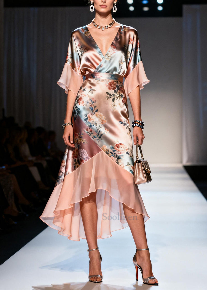 Champagne Print Patchwork Chiffon Vacation Dresses Summer