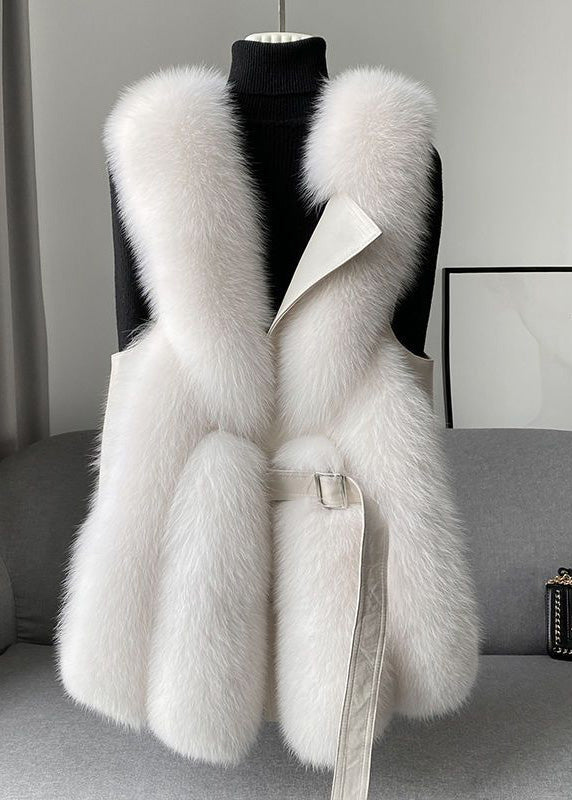 Beige Faux Fur Fox Collar Sashes Warm Leather and Fur Waistcoat Winter