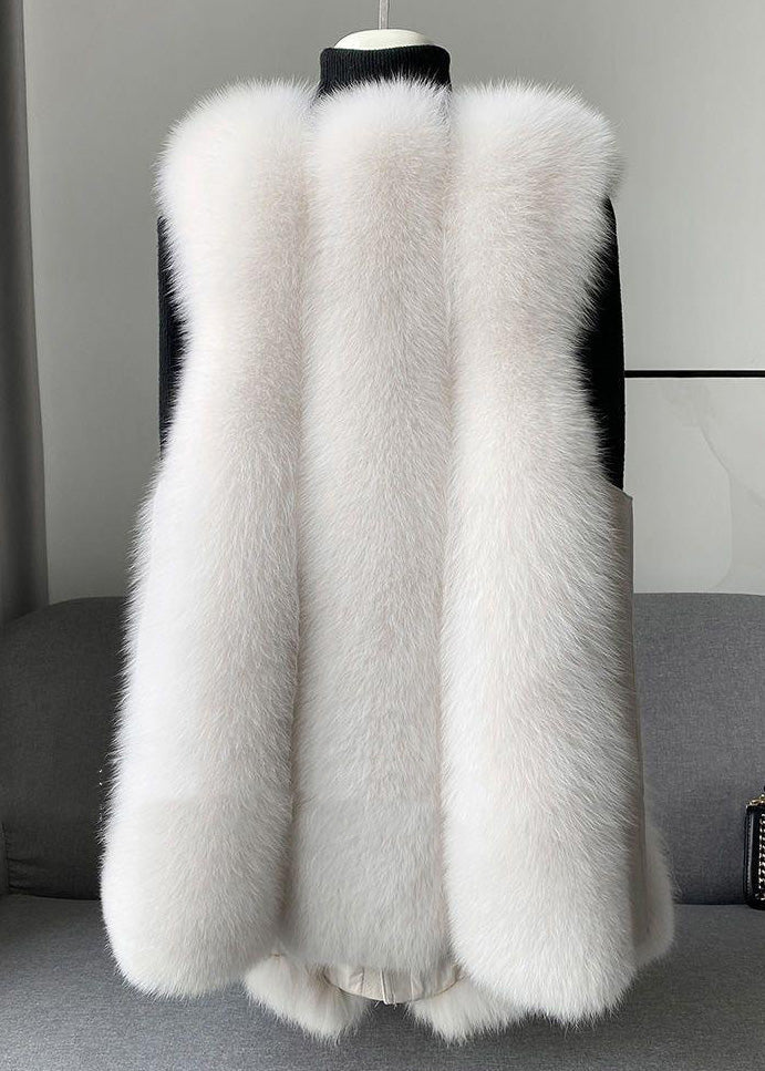Beige Faux Fur Fox Collar Sashes Warm Leather and Fur Waistcoat Winter
