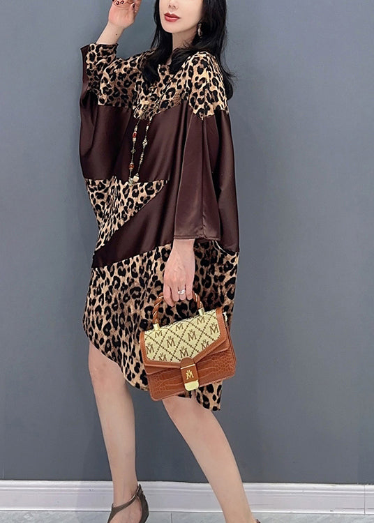 Chocolate O-neck Leopard Print Maxi Dresses Spring