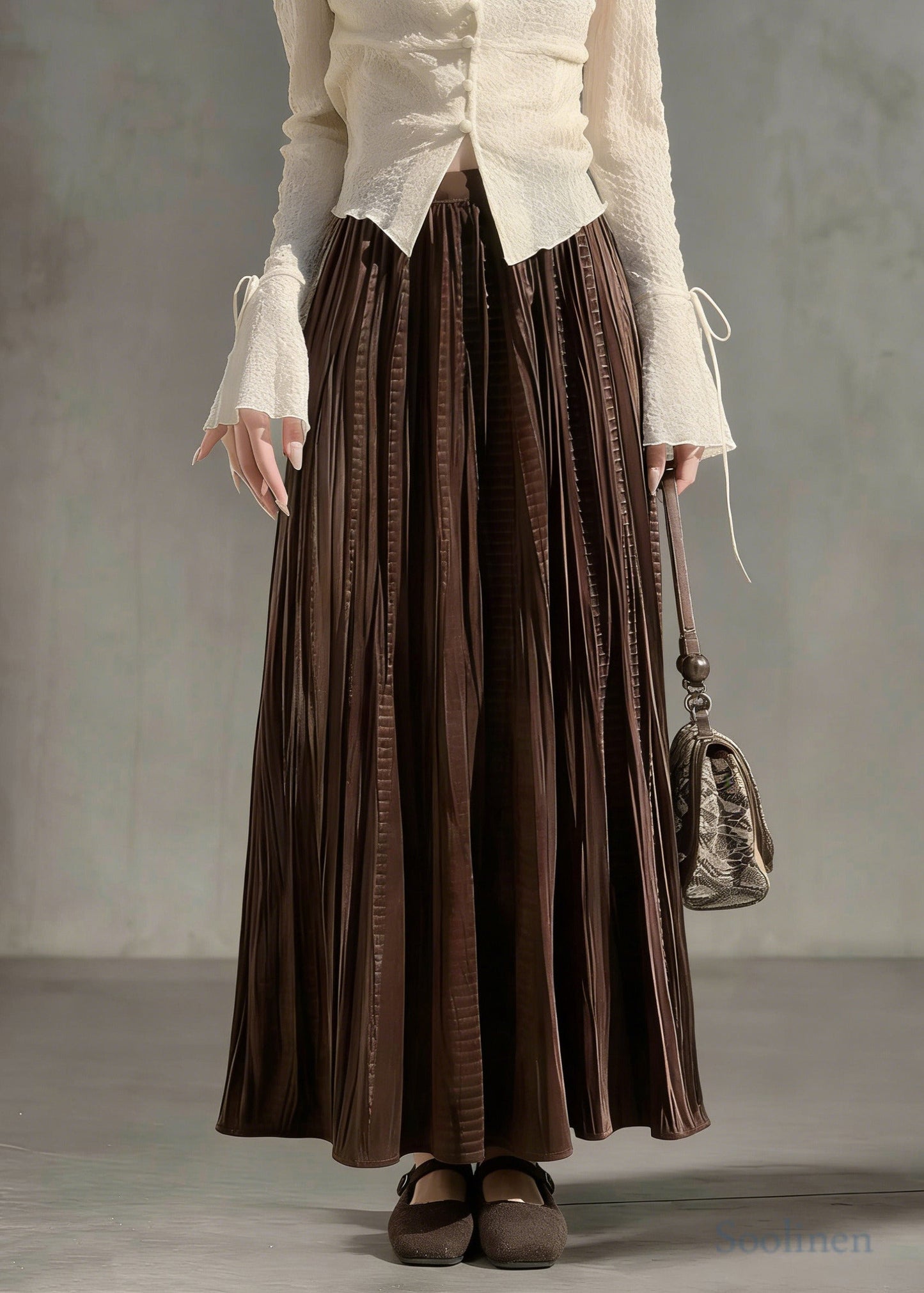 Chocolate Oversized Wrinkled Silk Velvet Skirt Spring