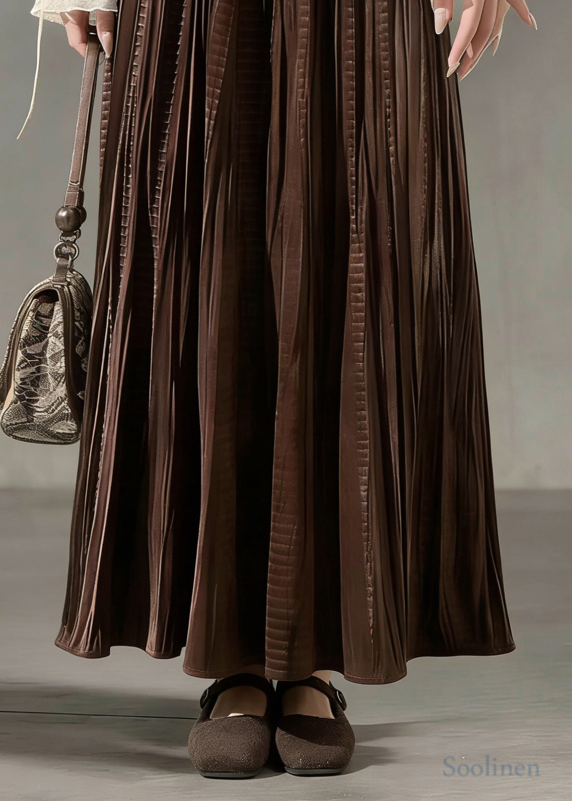Chocolate Oversized Wrinkled Silk Velvet Skirt Spring