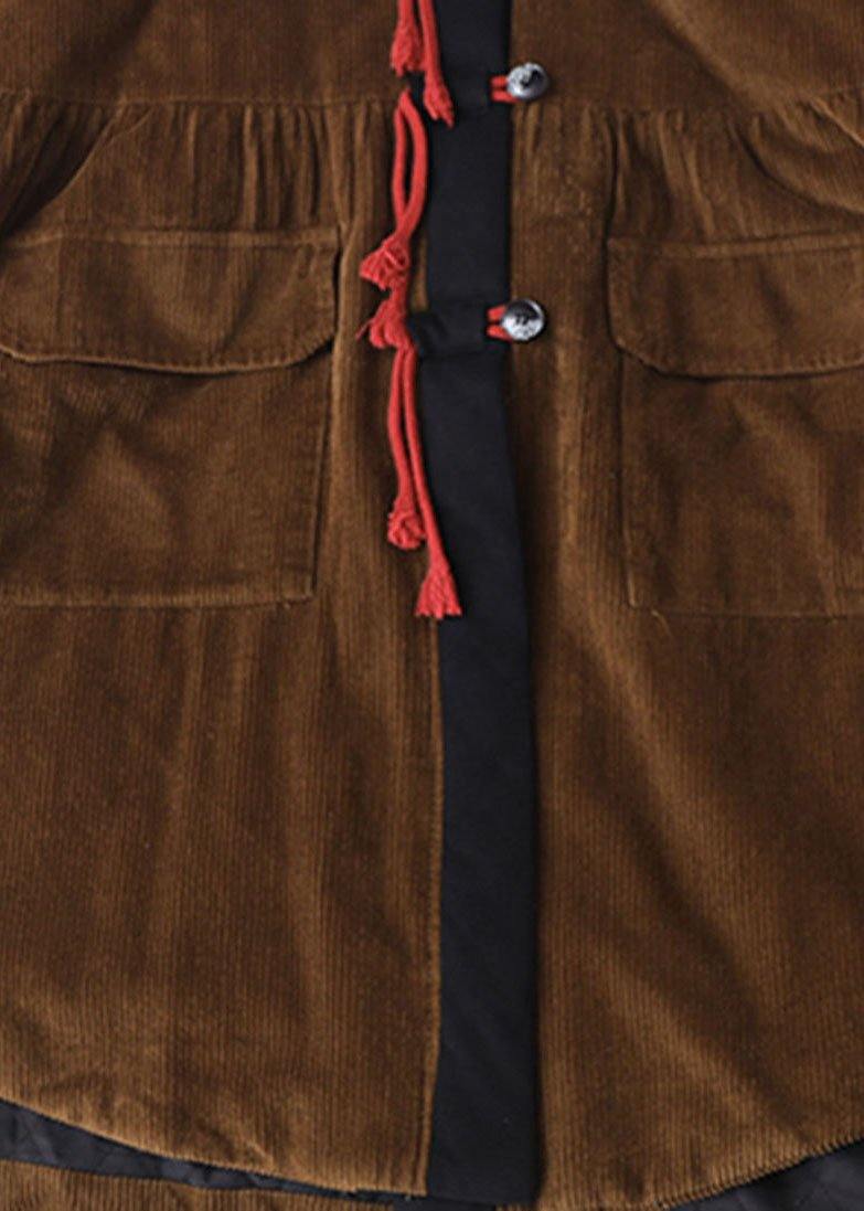 Chocolate Patchwork Button Pockets Hoodies Outwear