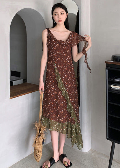 Chocolate Ruffled Patchwork Print Chiffon Long Dresses Sleeveless