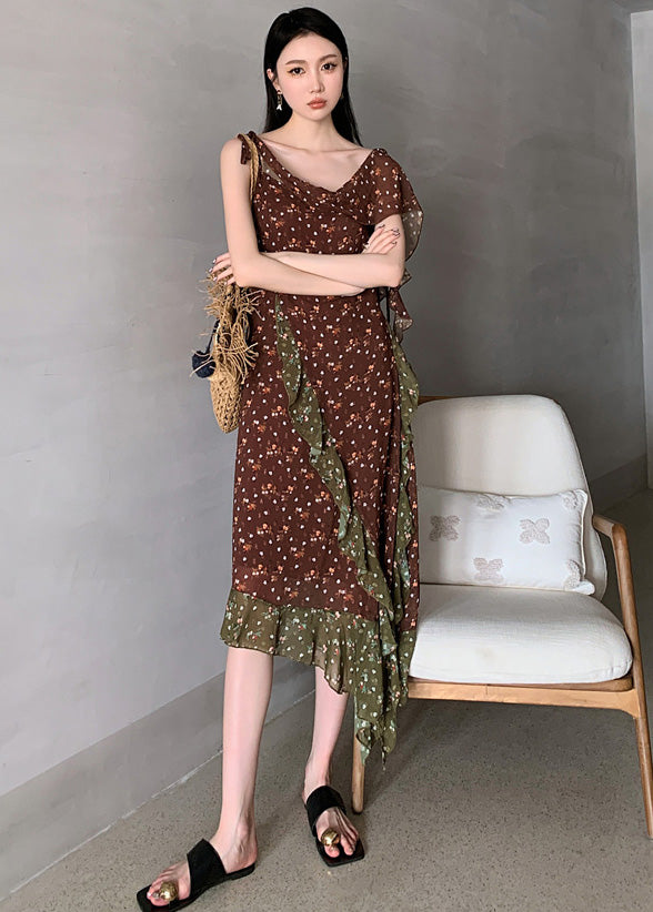 Chocolate Ruffled Patchwork Print Chiffon Long Dresses Sleeveless
