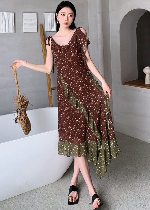 Chocolate Ruffled Patchwork Print Chiffon Long Dresses Sleeveless