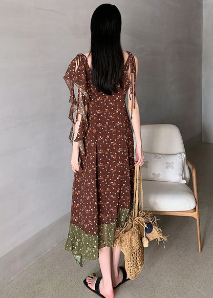 Chocolate Ruffled Patchwork Print Chiffon Long Dresses Sleeveless