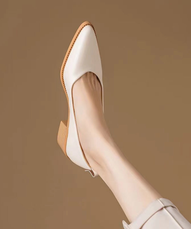 Chunky Heel Beige Cowhide Leather Pointed Toe