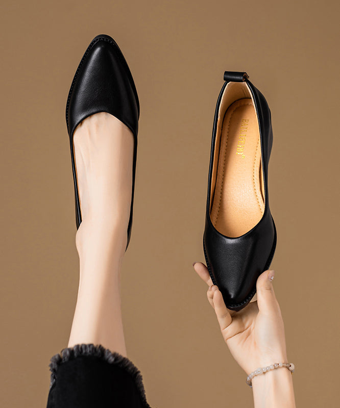 Chunky Heel Beige Cowhide Leather Pointed Toe