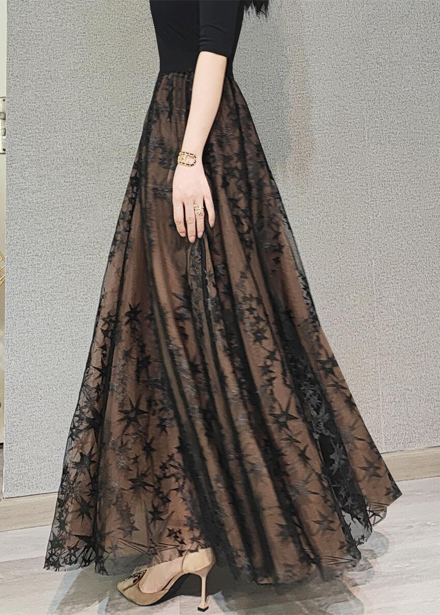 Chocolate Embroideried High Waist Flatering Tulle Maxi Skirt Spring