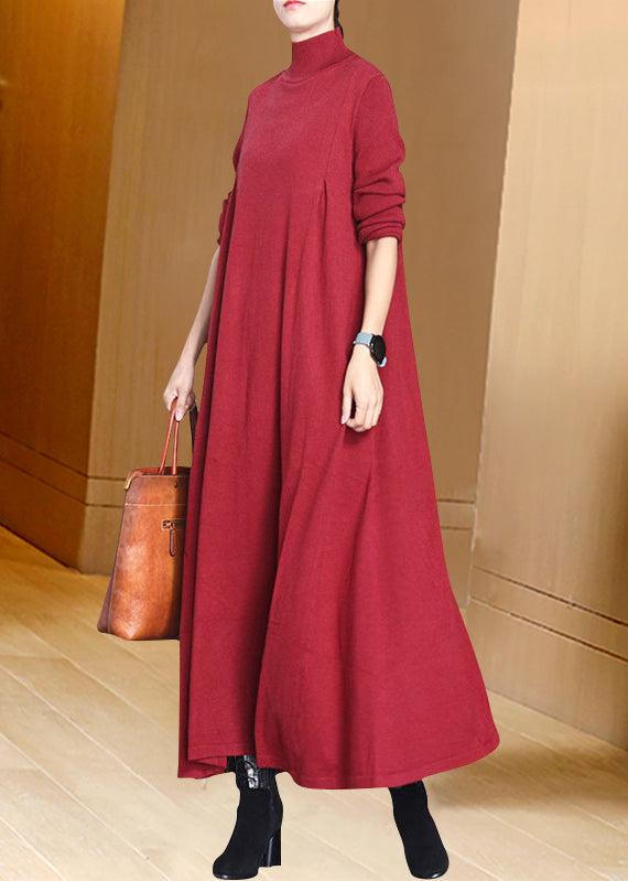 Coffee Hign Neck Patchwork Woolen Knit Dress Winter