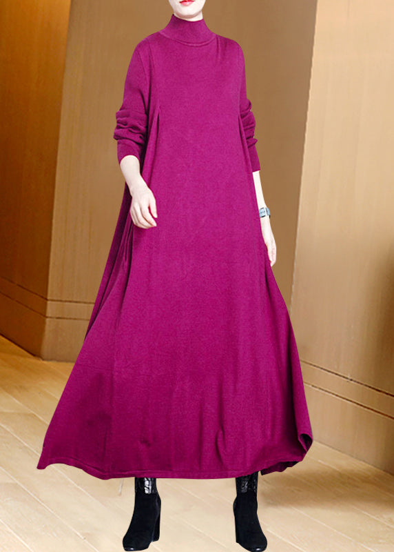 Coffee Hign Neck Patchwork Woolen Knit Dress Winter
