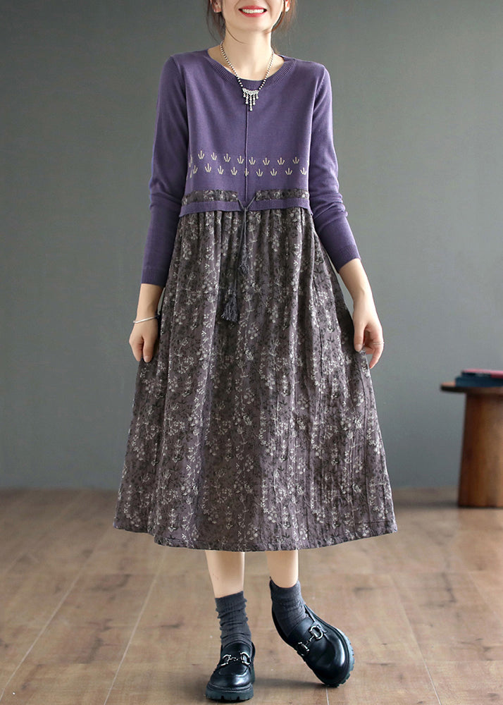 Coffee O Neck Print Patchwork Knitting Dress Fall