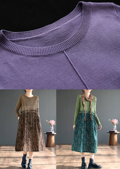 Coffee O Neck Print Patchwork Knitting Dress Fall