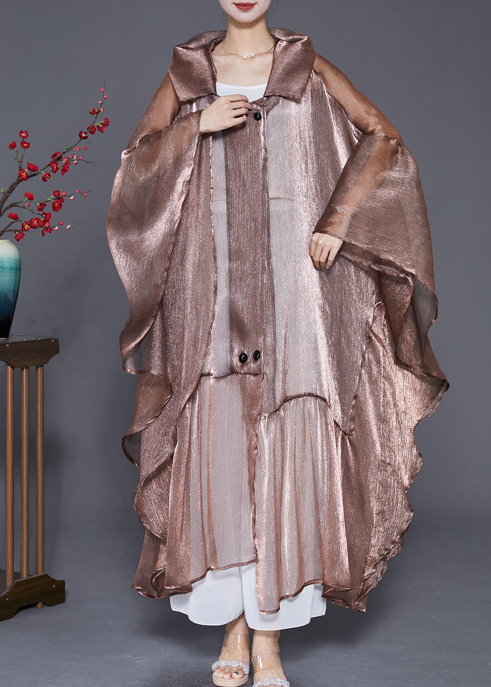 Coffee Oversized Patchwork Ruffles Silk Cardigan Summer