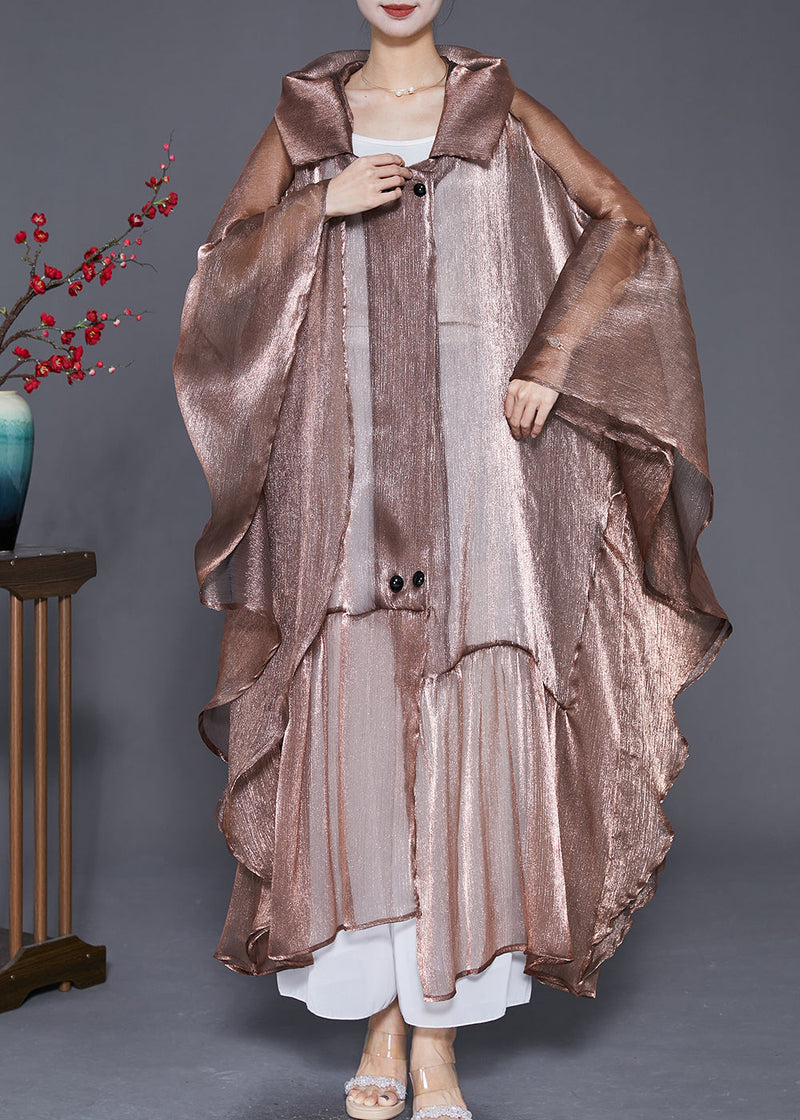 Coffee Oversized Patchwork Ruffles Silk Cardigan Summer
