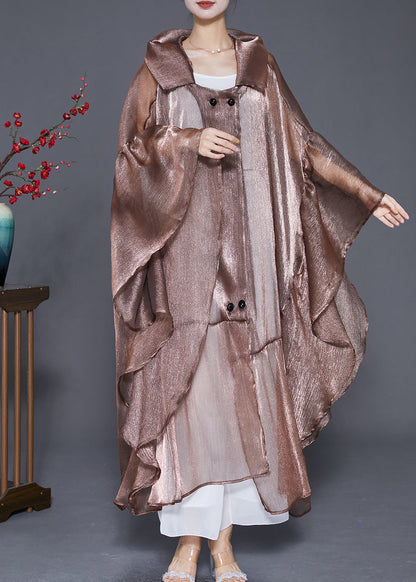 Coffee Oversized Patchwork Ruffles Silk Cardigan Summer