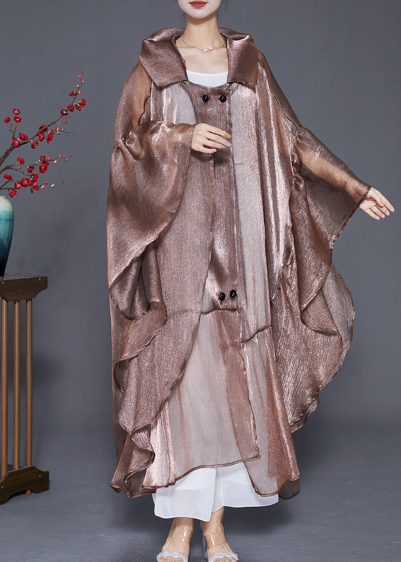 Coffee Oversized Patchwork Ruffles Silk Cardigan Summer