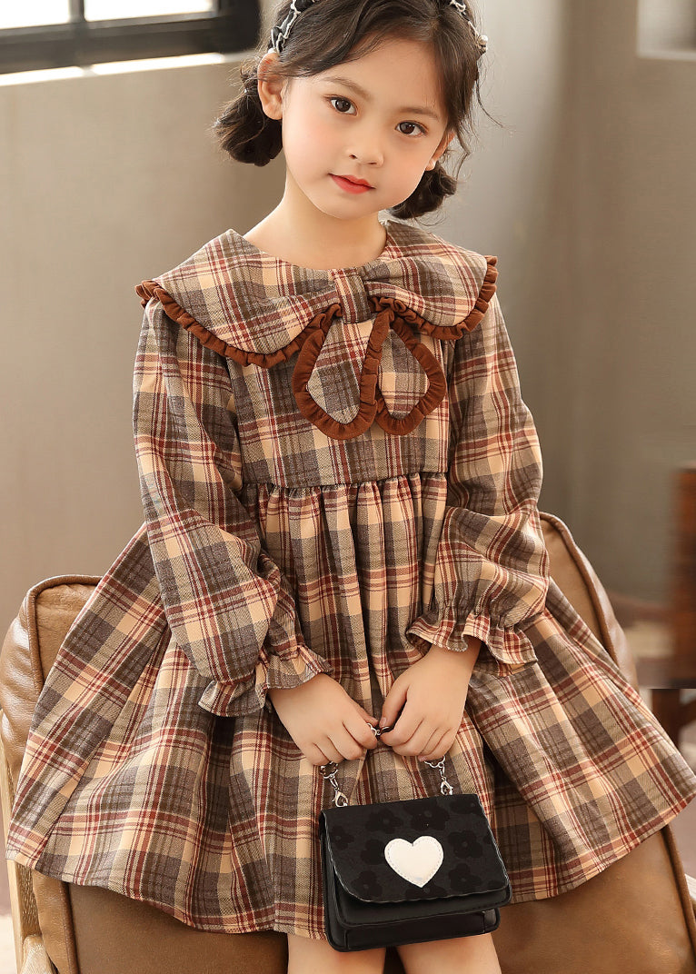 Coffee Peter Pan Collar Plaid Patchwork Cotton Kids Dresses Fall