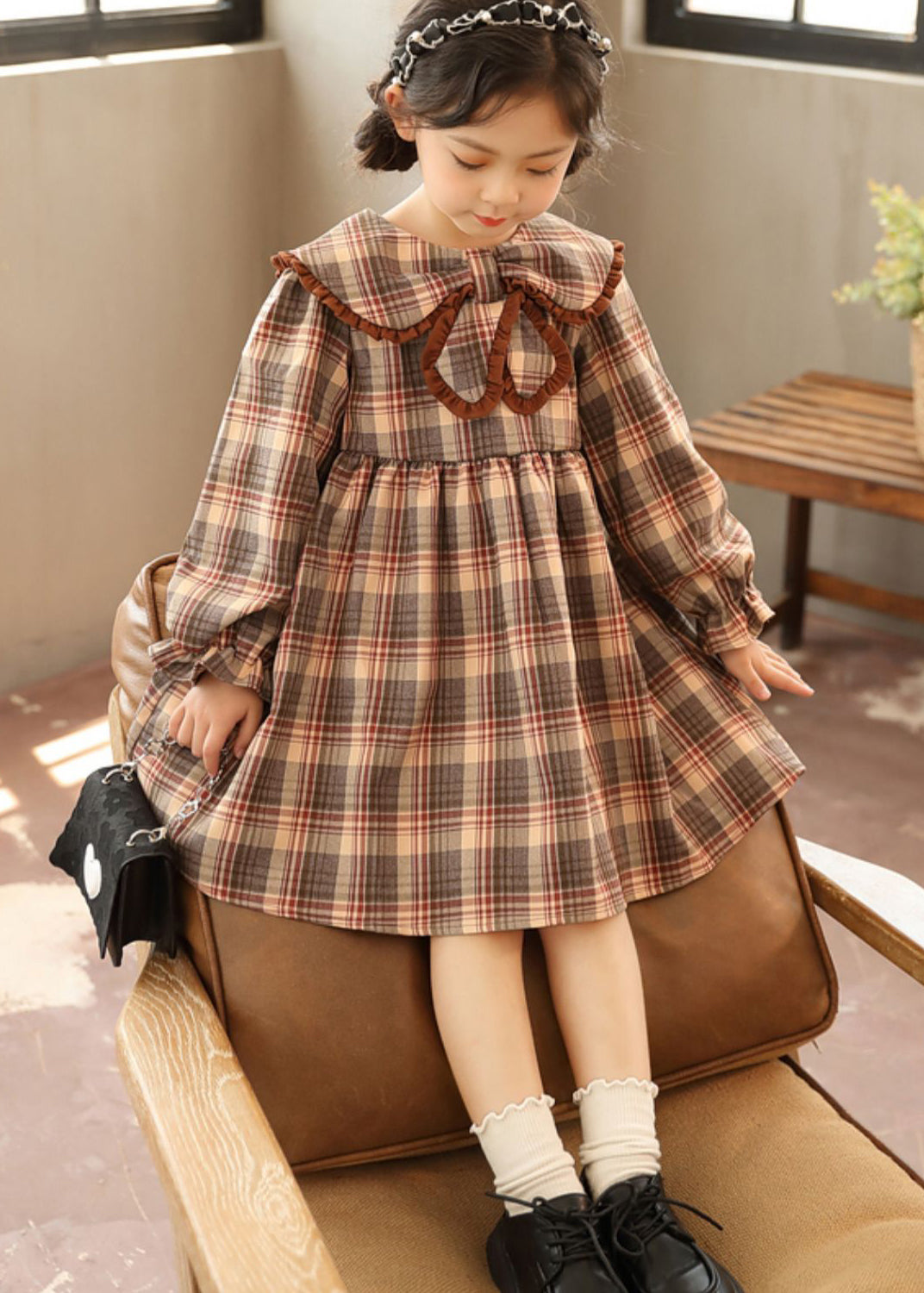 Coffee Peter Pan Collar Plaid Patchwork Cotton Kids Dresses Fall