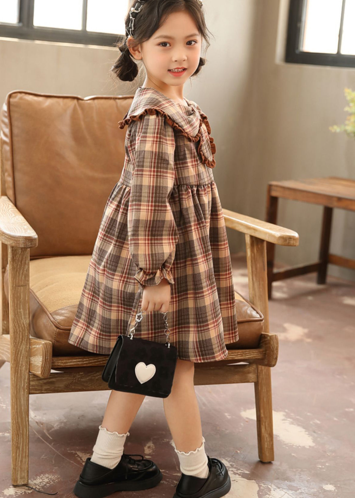 Coffee Peter Pan Collar Plaid Patchwork Cotton Kids Dresses Fall