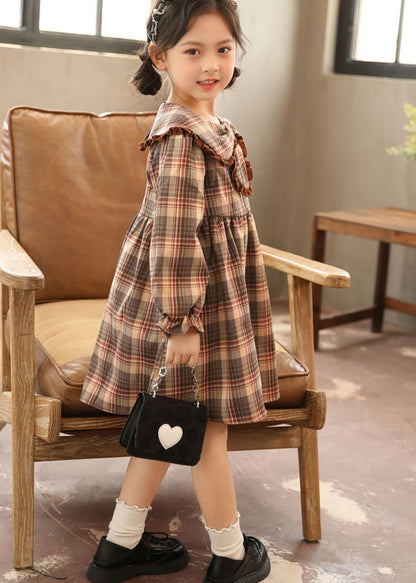 Coffee Peter Pan Collar Plaid Patchwork Cotton Kids Dresses Fall