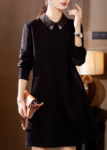Coffee Peter Pan Collar Pockets Cotton Mid Dress Fall