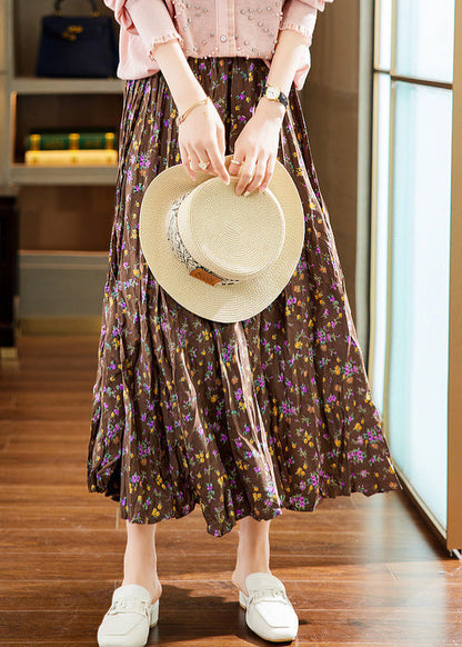 Coffee Print Elastic Waist Chiffon Maxi Skirts Summer