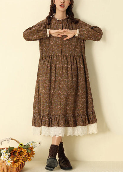 Coffee Ruffled Print Cotton Long Dresses Spring
