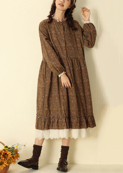 Coffee Ruffled Print Cotton Long Dresses Spring