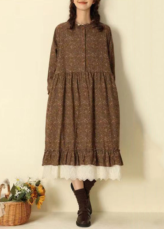Coffee Ruffled Print Pockets Patchwork Cotton Long Dresses Fall