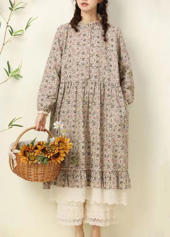 Coffee Ruffled Print Pockets Patchwork Cotton Long Dresses Fall