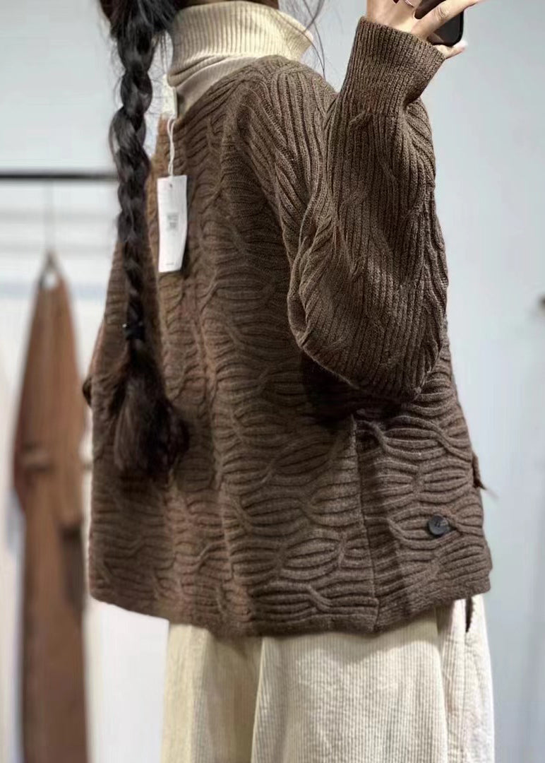 Coffee V Neck Button Cotton Knit Coats Fall
