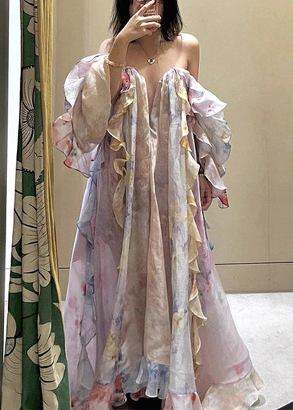 Cold Shoulder Ruffled Print Chiffon Long Dresses