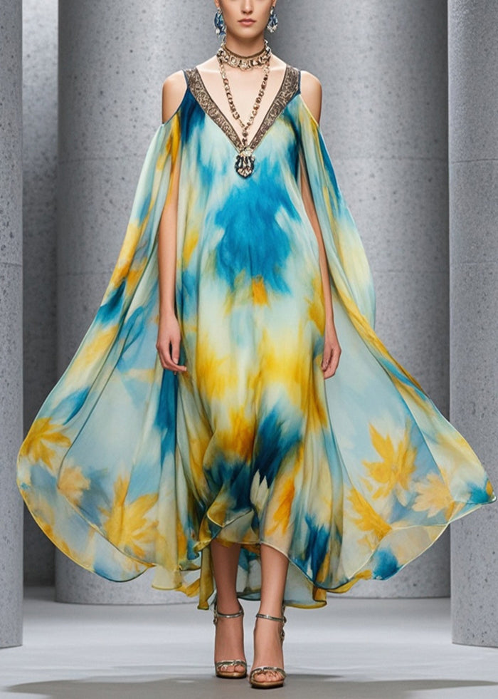 Cold Shoulder Tie Dye Chiffon Beach Dress Summer