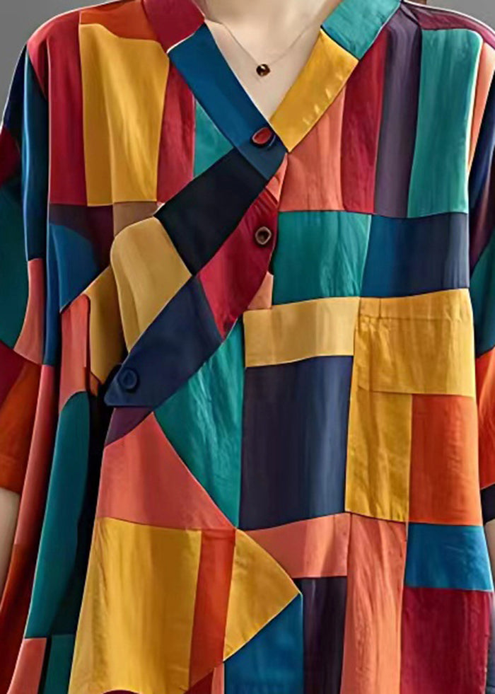 Colorblock Asymmetrical Patchwork Applique Linen Top Summer